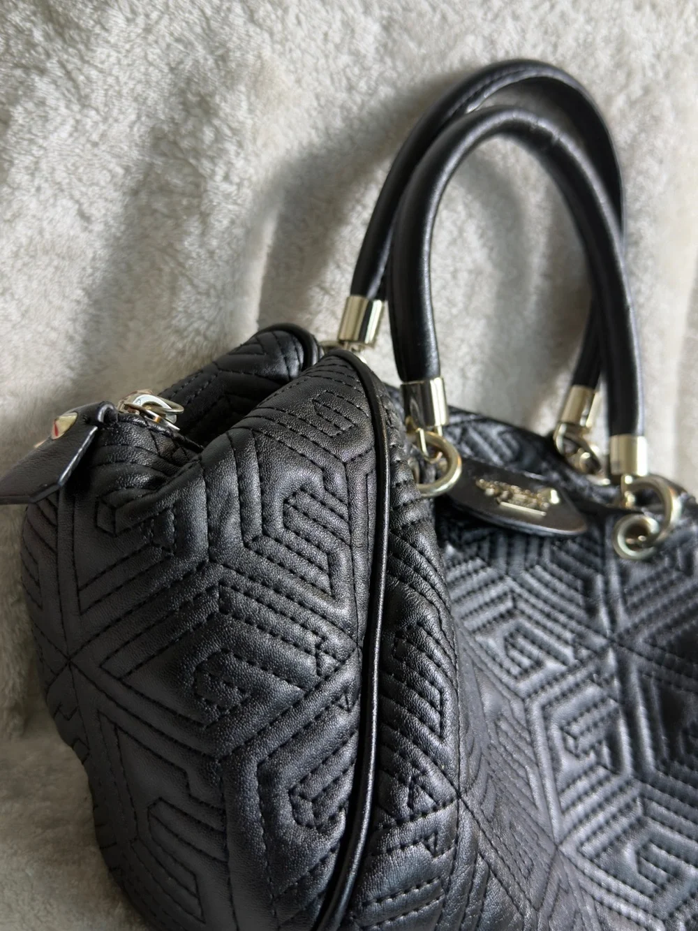 Guess Geometric Quilted Barrel Satchel Bag Black 3D Cube Top Handbag Purse